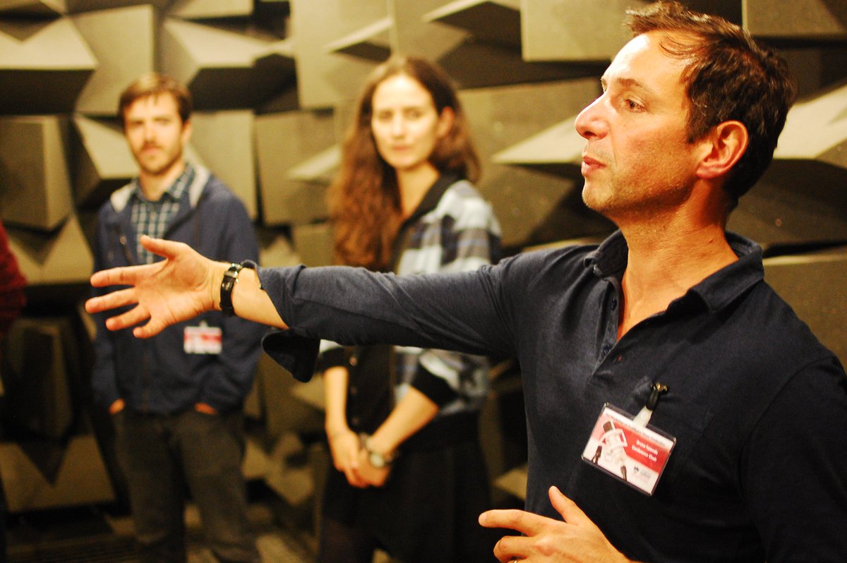 IMPworkshop's tweet photo. #WIMP2017 demo in @SalfordAcoustic anechoic chamber. @bfazenda explains how the triangular foam attenuates sounds. Quietest room in world? https://t.co/vw8qbhf6wW