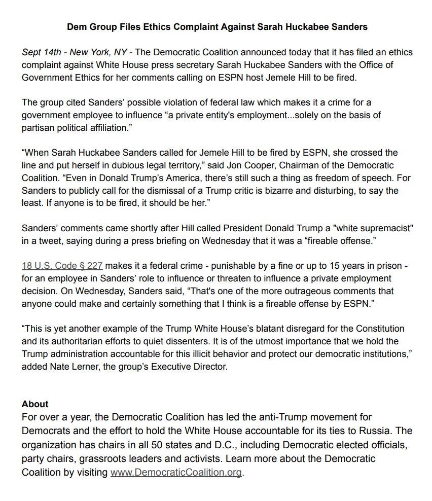 funder's tweet photo. #BREAKING: I just filed this Ethics Complaint on Trump Press Sec Sarah Huckabee Sanders for saying #JameleHill should be fired. #FireSarah https://t.co/cz54xqBGlt