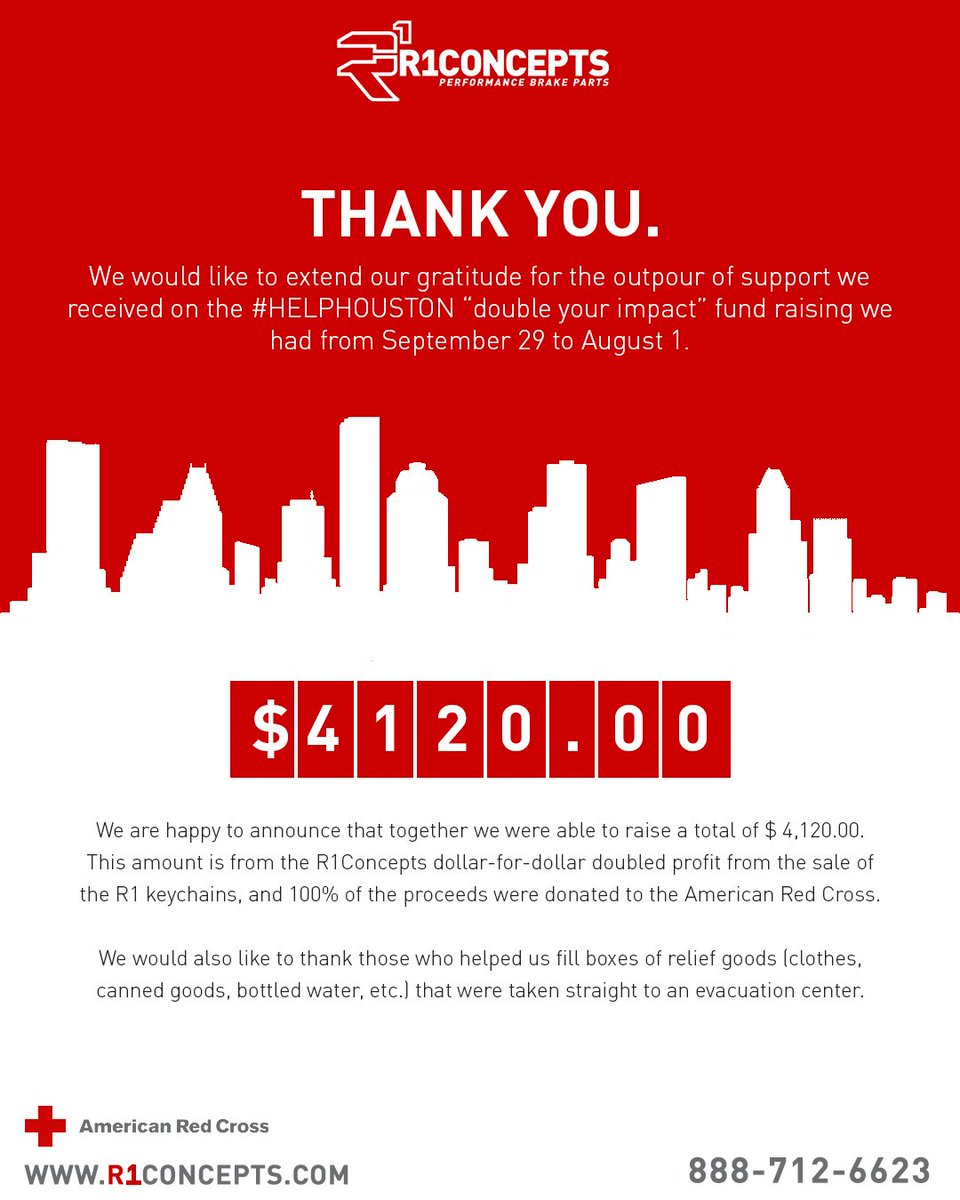 R1Concepts's tweet image. We would like to extend our gratitude for the outpour of support we received on the #HELPHOUSTON fund raising we had from Sept 29 to Aug 1