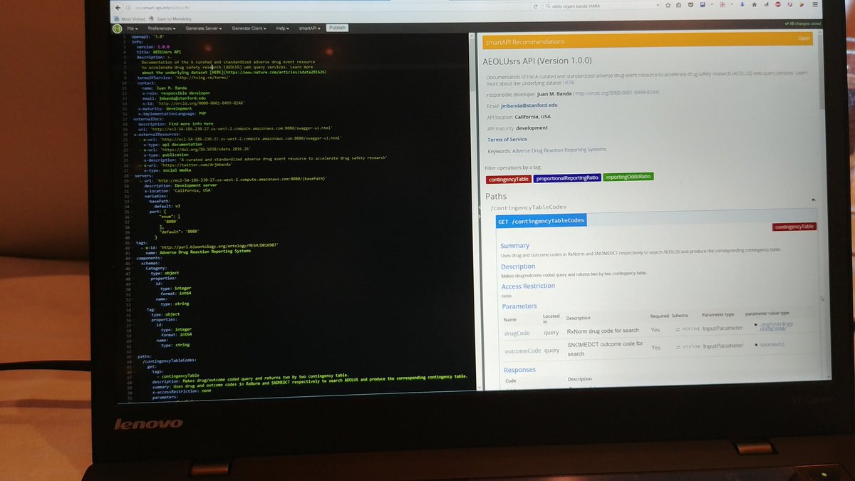 drjmbanda's tweet image. Putting the final details on my #biohack17 project! Practical use of #smartapi and #JSONLD for getting FAERS data