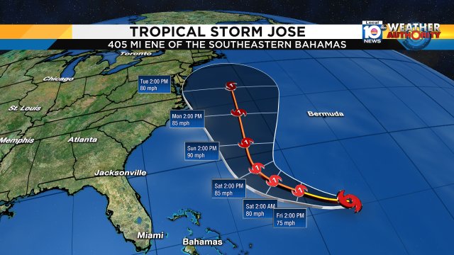 Latest forecast cone on Tropical Storm Jose. No threat to SoFlo, but could possibly be near Virginia early next week https://t.co/DekQyrOpFD