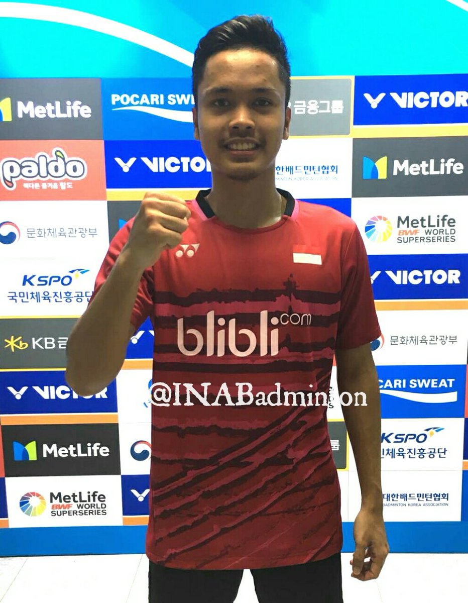Anthony Sinisuka Ginting usai memenangkan pertandingan semifinal melawan pemain Jepang, Kenta Nishimoto, Jumat (15/9/2017).