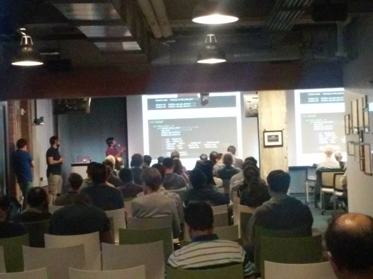 nuncle's tweet photo. 9/13 #SFPython presentations: TCL to Python by @Cisco, caching by @Grant_Jenks, scaling by @Yahoo w @simeonfranklin @sfpythonmeetup at @Yelp https://t.co/5p8aYL7Yvd