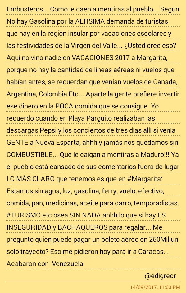 #Margarita: Sin gasolina, agua, luz, ferry, vuelo, efectivo, comida, pan, medicina, aceite para carro, temporadistas #TURISMO osea SIN NADA😨