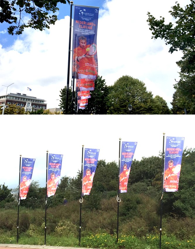 Top tennis in Den Haag! Dit weekend vindt de Davis Cup ontmoeting tussen Nederland &amp; Tjechië plaats. Gepromoot met banieren in de stad.