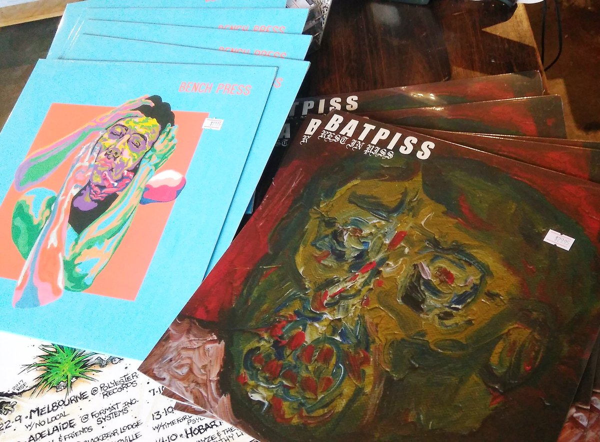PolyesterMusic's tweet photo. lil @poisoncity restock ahead of the Weekender, starring BENCH PRESS and BATPISS! #benchpress #batpiss #poisoncity #vinyl https://t.co/h0SXt14QV1