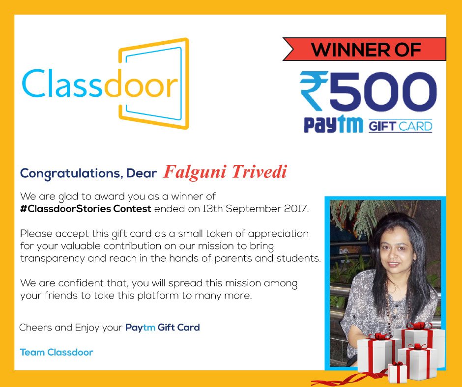 Classdoor123's tweet photo. #Classdoor Congratulates Falguni Trivedi on winning the contest #ClassdoorStories
Next #contestcomingup on 17th Sept
#Winnerannouncement https://t.co/2raUE0qO5O