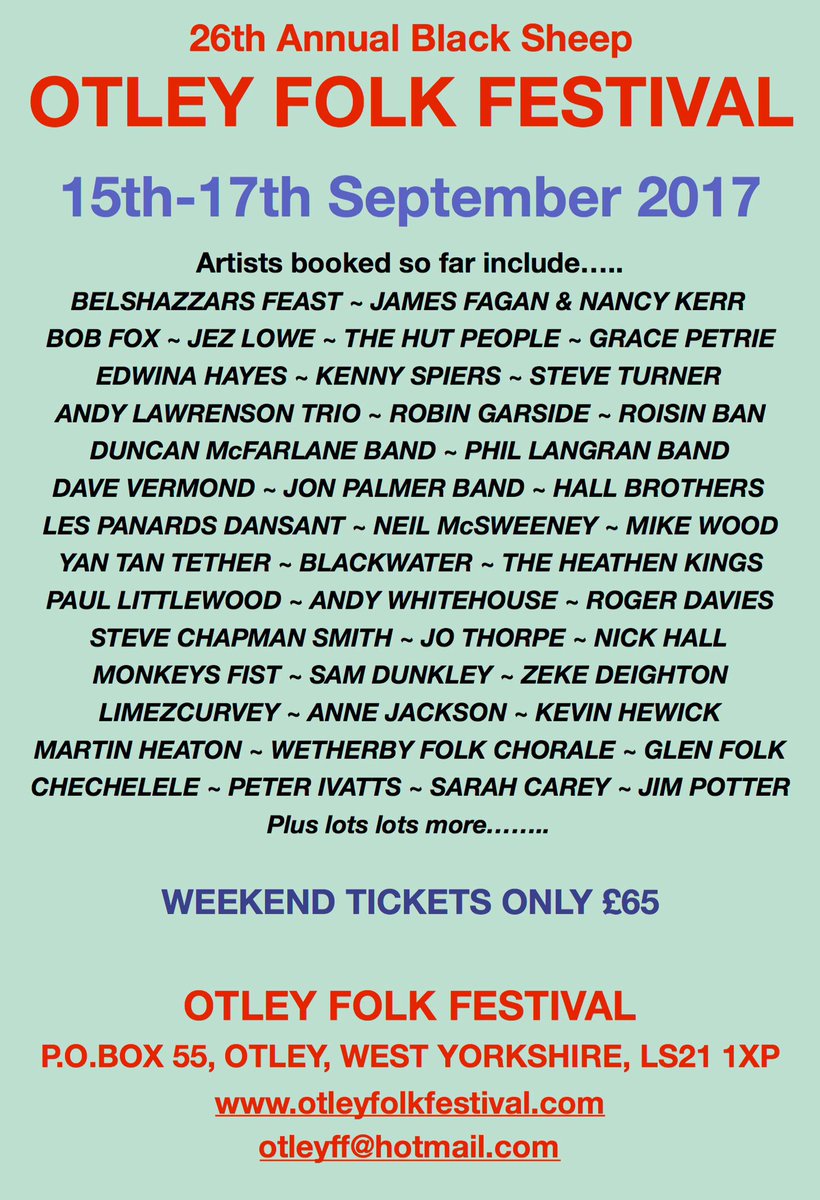 Yay! All the fun starts today. Festival office opens at 1.30 for tickets, programme sales and general info.#otley #folk #yorkshire