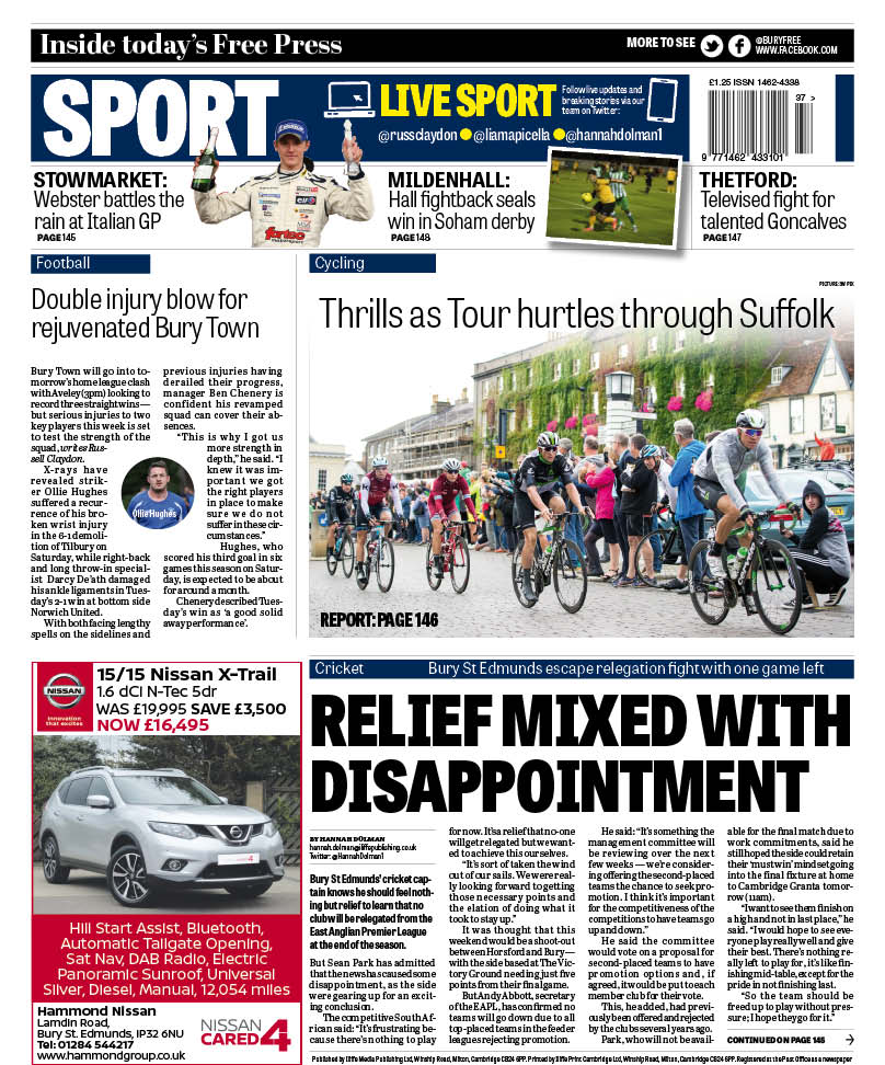 buryfree's tweet photo. This week's back page has reaction to @BuryStEdmundsCC's survival being confirmed + @BuryTownFC suffer a double injury blow #SFLLive https://t.co/4qTrEMIqIa