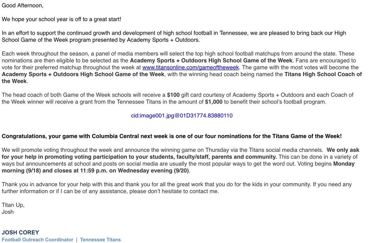 SHHSRaidersTN's tweet photo. Spring Hill vs. Columbia Central next week is one of four nominations for the Titans Game of the Week! https://t.co/aue2UaAKD7 https://t.co/qIRmZb213N