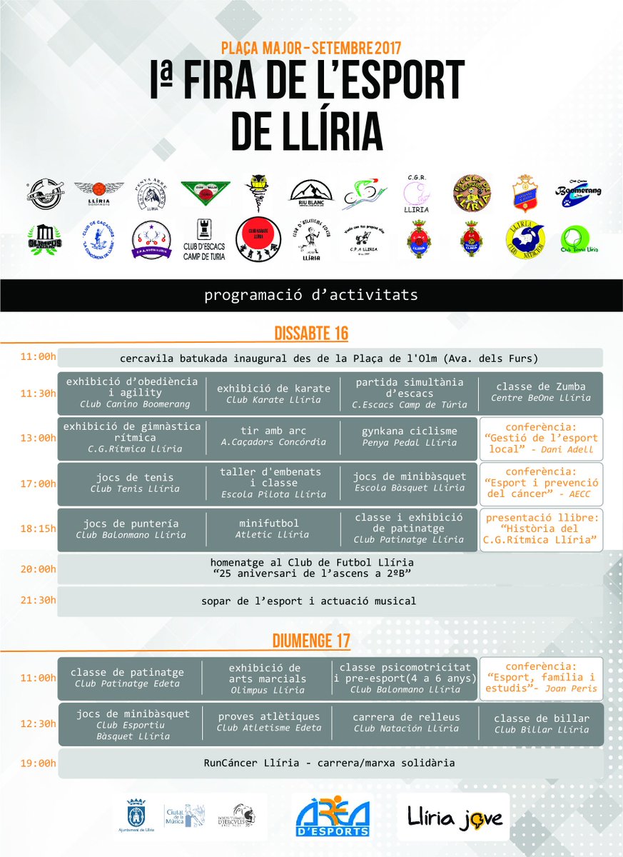 Demà, I Fira de l'Esport i acte del 25 aniversari d'ascens a 2a Divisió B del <a href="/CFLliria_/">CF Llíria OFICIAL</a>. bit.ly/2eZdREC
#FestesSantMiquel2017