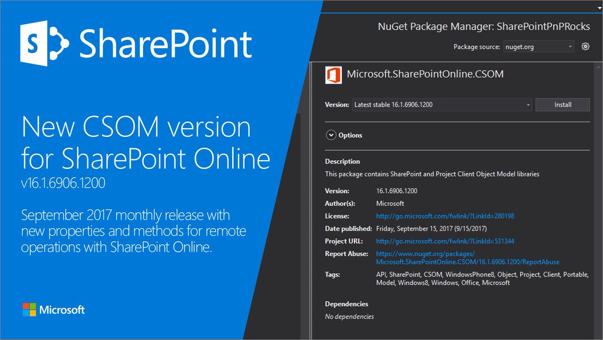 vesajuvonen's tweet image. New #SharePoint Online Client Side Object Model (CSOM) NuGet package available (v16.1.6906.1200) dev.office.com/blogs/new-shar… #Office365dev