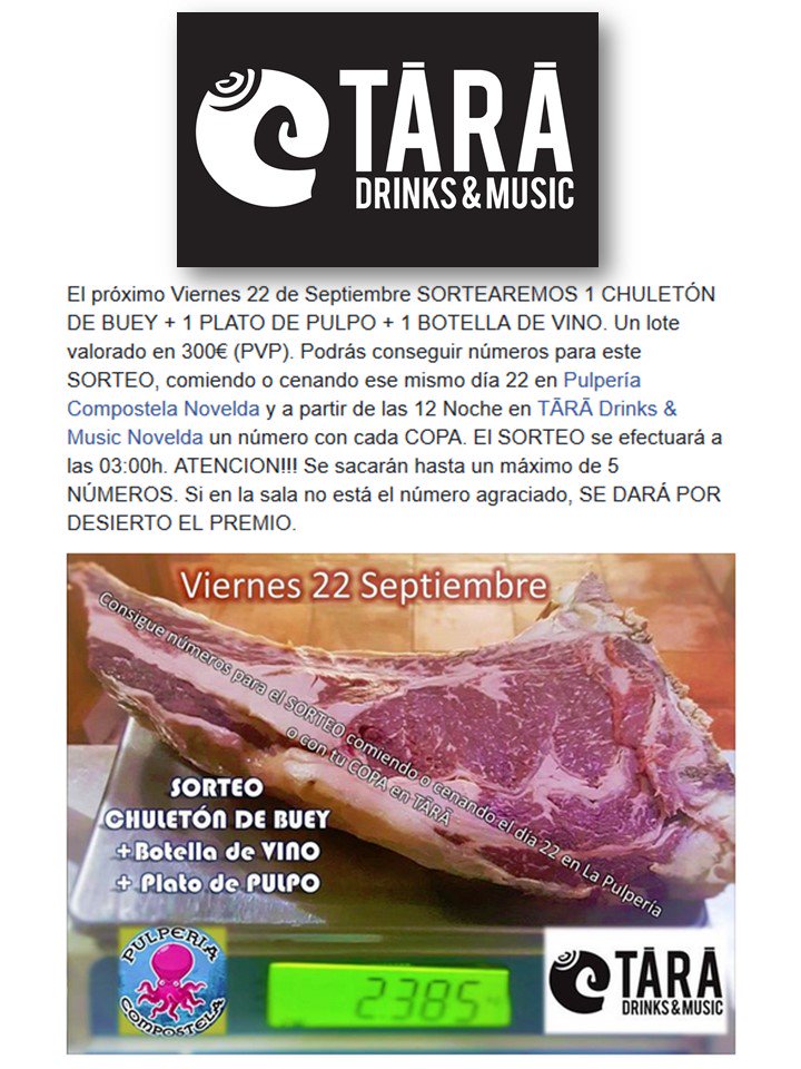 TaraNovelda's tweet photo. El próximo Viernes 22 de Septiembre SORTEAREMOS 1 CHULETÓN DE BUEY + 1 PLATO DE PULPO + 1 BOTELLA DE VINO. Un lote valorado en 300€ (PVP) https://t.co/0j7eaCngq4