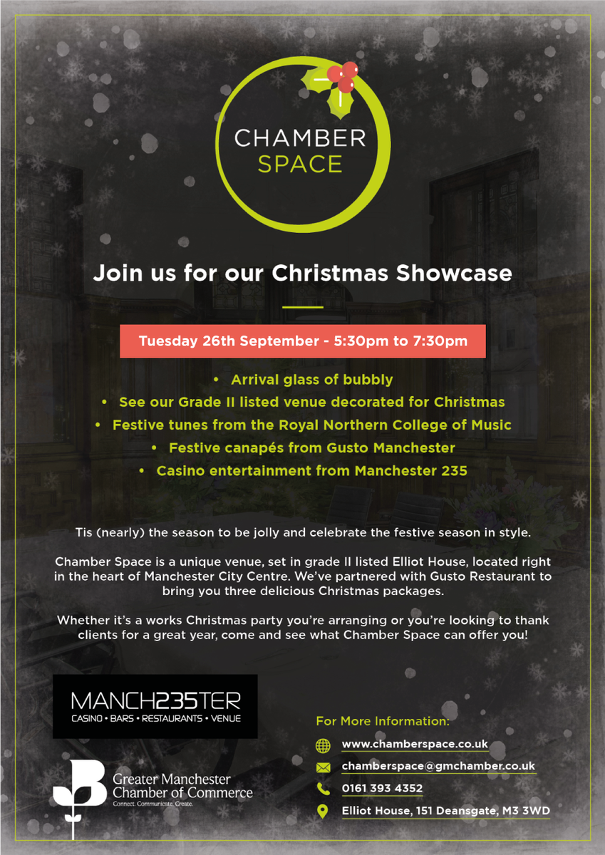 Chamber_Space's tweet photo. Not long until our Christmas Showcase Event now! To book your place email chamberspace@gmchamber.co.uk #chamberspace https://t.co/y9Z8PuUnWf