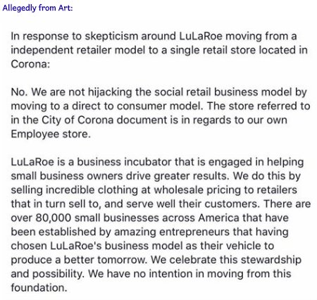 lularoefail's tweet photo. @lularoe had no intention of reverting the 100% buyback policy either. How's THAT workin' out for ya? #howlularoefailed #suelaroe https://t.co/vmLbtDw7CF