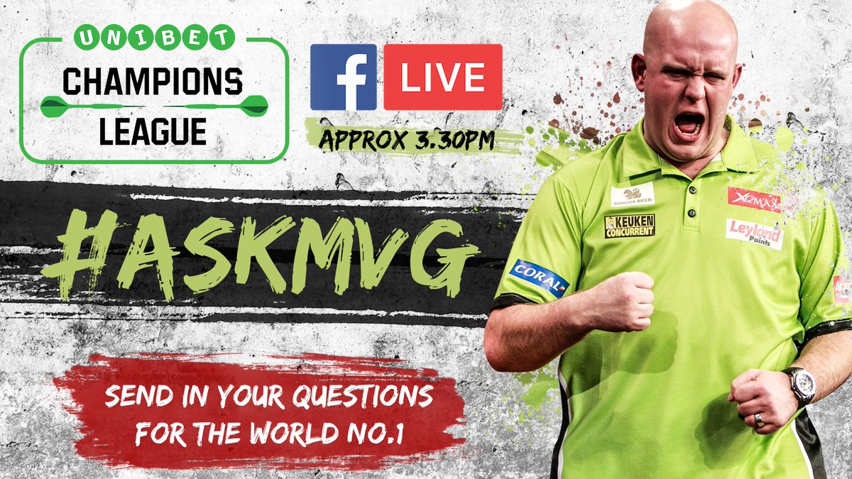 OfficialPDC's tweet photo. #AskMvG 

Get your questions in for the World No.1 and join us at approx 3.30pm for the live chat with Michael van Gerwen. https://t.co/ZVxU3X7lL3