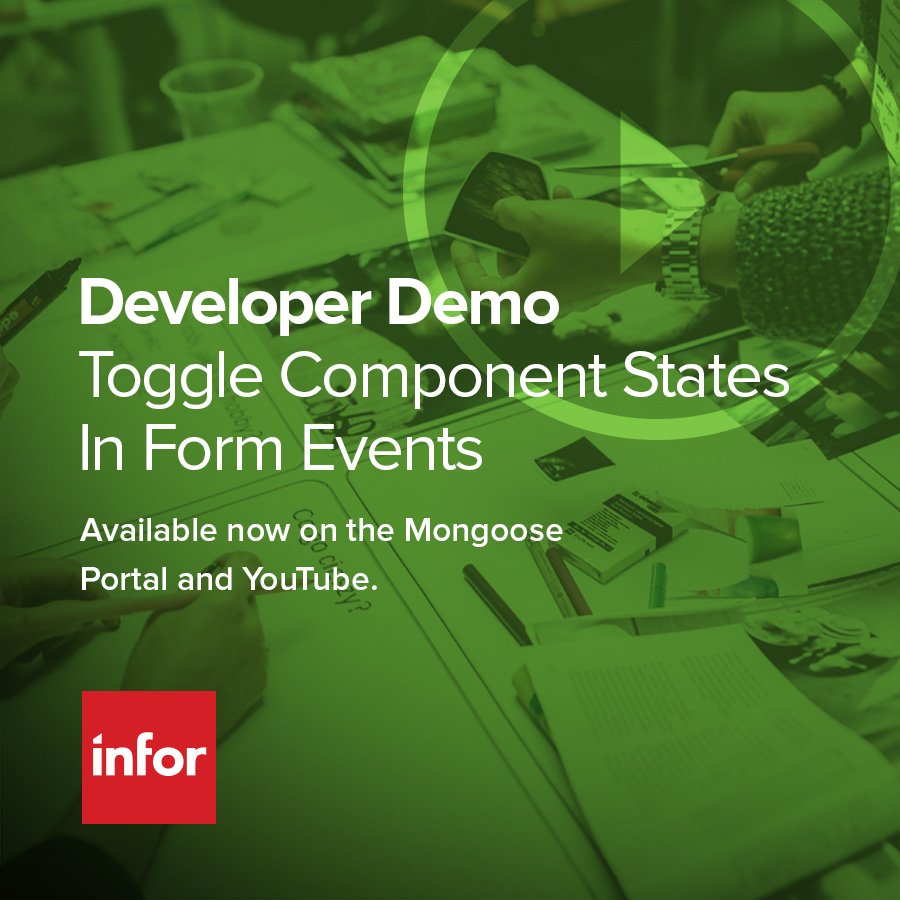 InforMongoose's tweet image. Learn how to toggle component states using form events in our newest Developer Demo. youtu.be/WLsLzwCUtU8