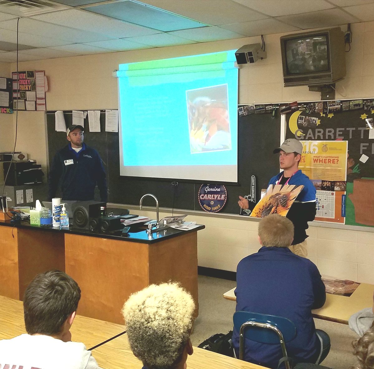 CoachSamMalcolm's tweet photo. Thanks to #GHS 2009 grad Ryan Marshall &amp; East Noble soph @brian_lutter8 for speaking to the Intro Ag class about bee production! #GKBheroes https://t.co/7DaziCdGS7