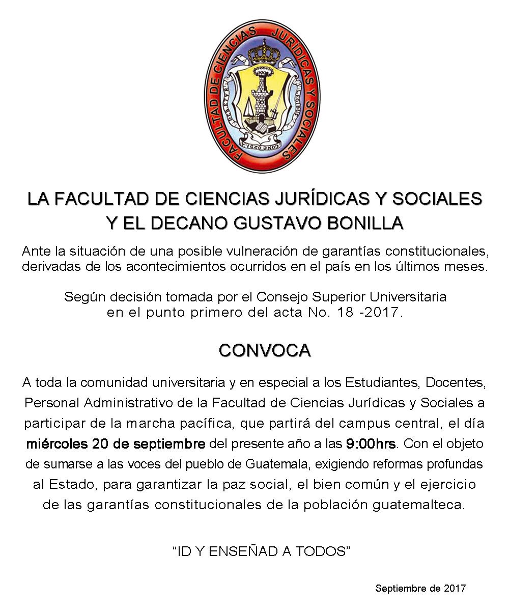 T13Noticias's tweet photo. La Facultad de Ciencias Jurídicas y Sociales de la Universidad de San Carlos de Guatemala, ante la coyuntura nacional, manifiesta: https://t.co/xNpkdTMHpe