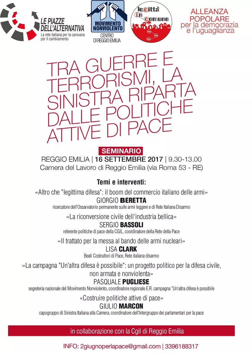 Domani a Reggio Emilia "Tra guerre e terrorismi la sinistra riparta dalle politiche di pace"
 
con <a href="/GiulioMarcon1/">Giulio Marcon</a> deputato <a href="/Sinistrait_/">Sinistra Italiana</a>
