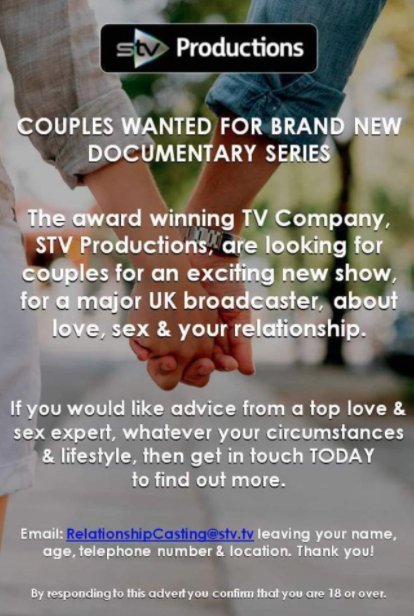 Couples WANTED for a brand NEW Documentary Series, STV Productions are looking for couples for an exciting new show #tvcastingsuk #STV