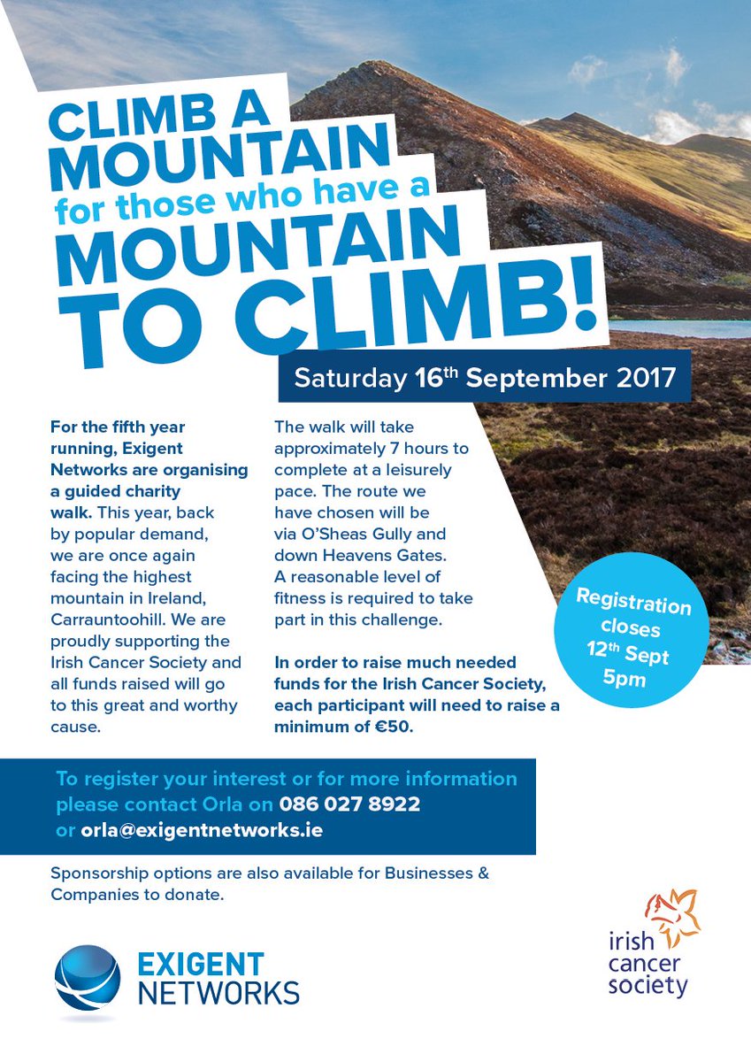 ExigentNetworks's tweet image. You&apos;ve got another chance to join us! Due to bad weather, our climb is postponed to Oct 7th. Registration to orla@exigentnetworks.ie