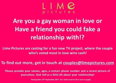 Are you a gay woman in love?
Do you have a friend you could fake a relationship with? #tvcastingsuk #casting #couples #limepictures #wincash