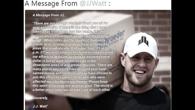 FOX26Houston's tweet photo. J.J. Watt wraps up donations for Harvey victims https://t.co/KkafyRsxJE https://t.co/4mvNFlkL1p