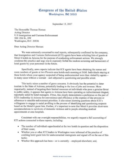 SenRubenGallego's tweet image. ICE was randomly accosting Latino guests at @motel6 hotels in AZ. We need to know who signed off on it: scribd.com/document/35899…