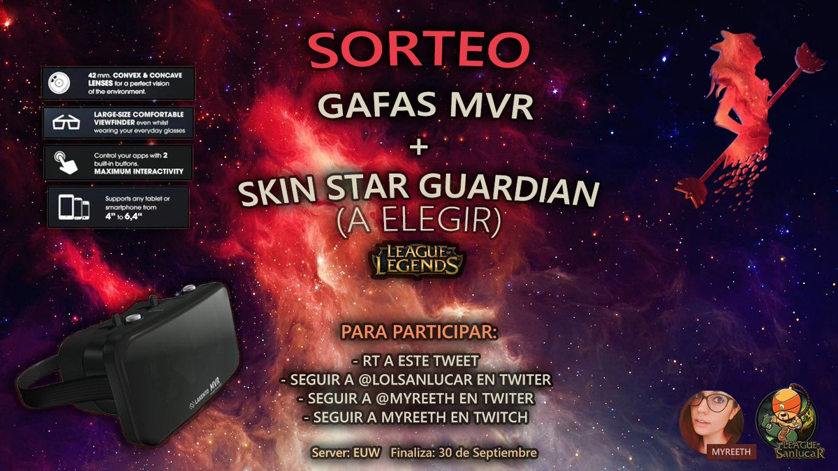 Myreeth's tweet photo. ⏩SORTEO GAFAS REALIDAD VIRTUAL + SKIN STAR GUARDIAN⏪

- RT 🔃

- Follow @LoLSanlucar y @Myreeth

- Follow en Twitch (https://t.co/UZb9ssa39L) https://t.co/T1EPzSN2Yz