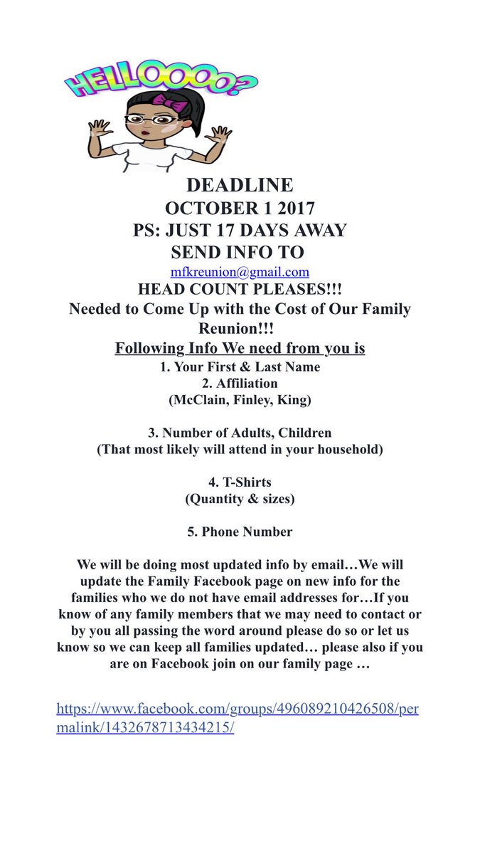 animcc's tweet image. Hey family McClain Finley King Reunion July 2018...if u plan on attending plz send Corey &amp;amp; Sheree ur info:
mfkreunion@gmail.com