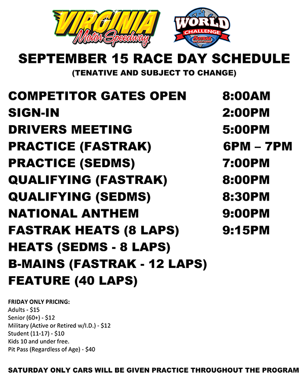 Today's Schedule of Events for opening night of the World Championship weekend and the FASTRAK World Challenge event!
