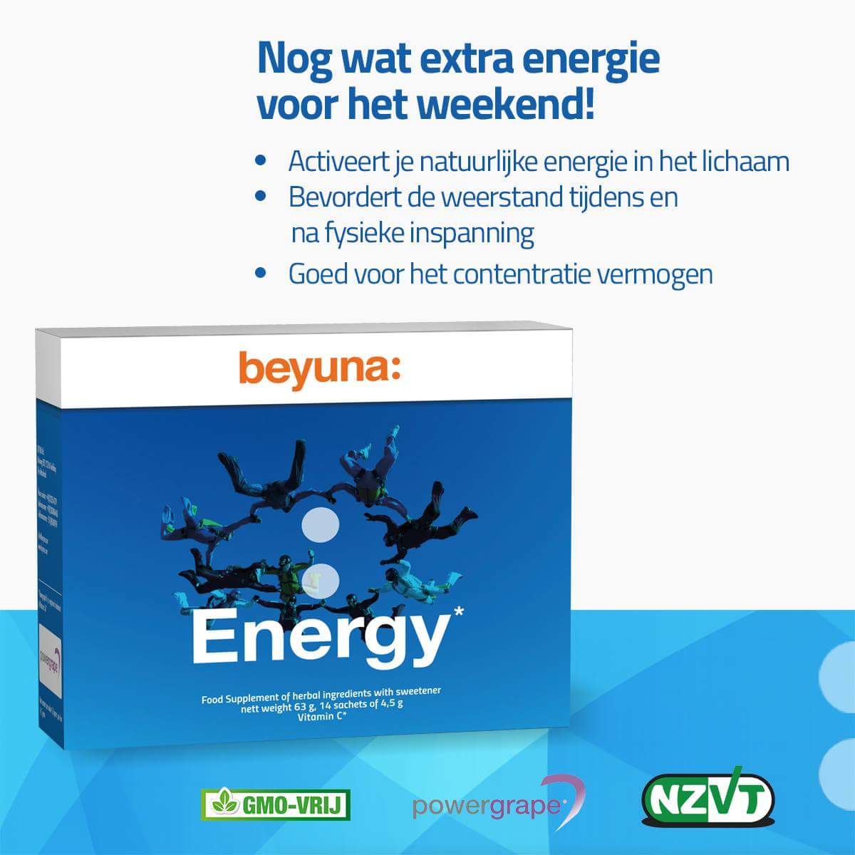 Het is nog een paar dagen Nationale Sportweek! Neem de suikervrije Beyuna Energy voor meer energie!