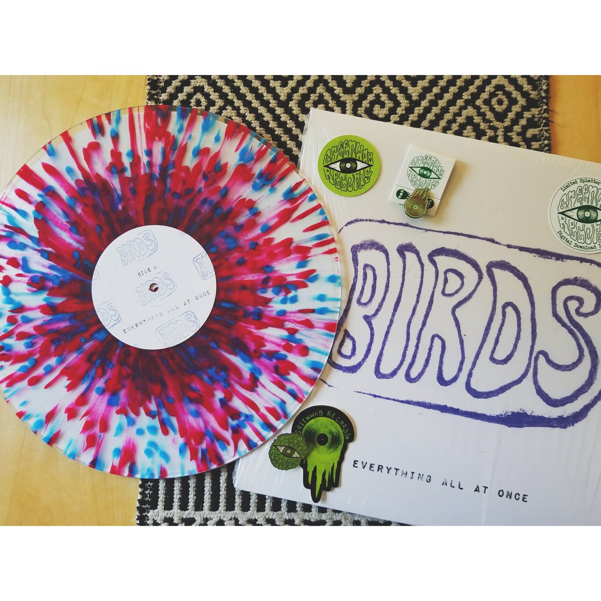 Amazing mail from Greenway Records! The new BIRDS album on splatter vinyl &amp; enamel pins &amp; stickers! ❤