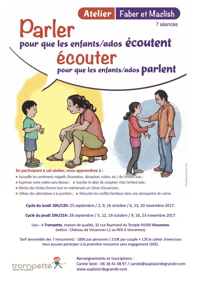 carolesesti's tweet photo. 2 cycles "Parler pour que les enfants écoutent,..." de Faber &amp; Mazlish à Vincennes dès lundi 25 et jeudi 28  https://t.co/Gw1Sk3Gjry https://t.co/pw6Sjievrm
