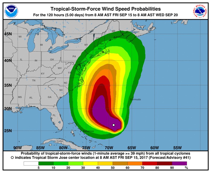 NWSMiami's tweet photo. Tropical Storm wind speed probabilities for #Jose. Jose is no threat to #Florida. https://t.co/abPVwgGz6R