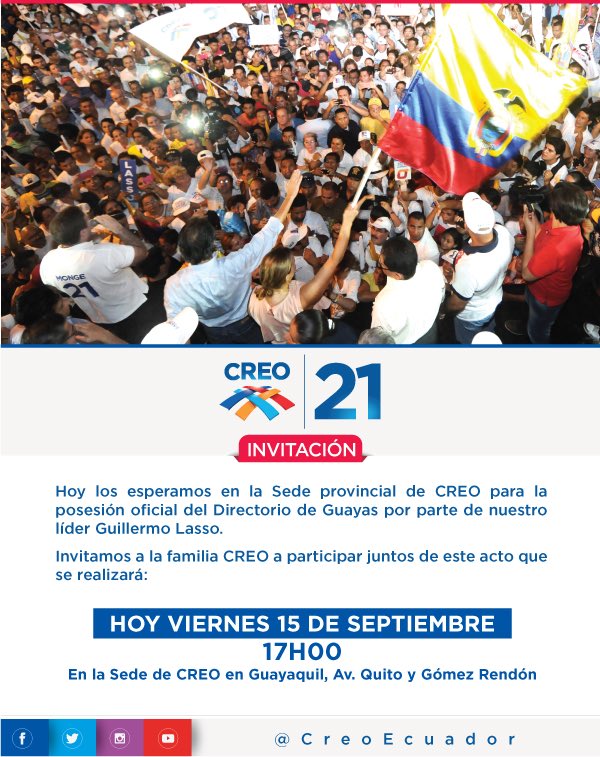 CREO_GUAYAS's tweet photo. A nuestros amigos y adherentes están cordialmente invitados a la posesión de la nueva directiva con la presencia de Guillermo Lasso. https://t.co/2piGhbTG8f