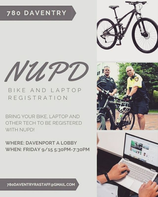 NU_HRL's tweet photo. Join your RAs and NUPD for bike and laptop registration in the Davenport A lobby from 5:30-7:30pm tonight! #davmatians @nupd 📷: @780daventry https://t.co/mPRGTb3H74