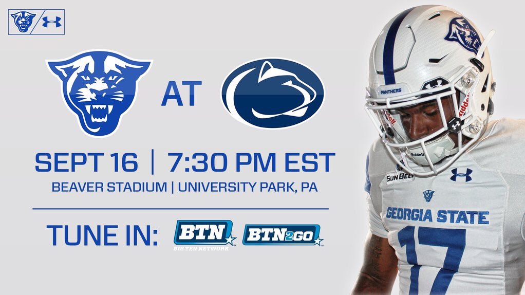 GeorgiaStateFB's tweet photo. ATL ✈️ SCE | #BeTheChange 💪

📆 9.16.17
⏰ 7:30 PM
📺 @BigTenNetwork https://t.co/oGfl0aLYMK