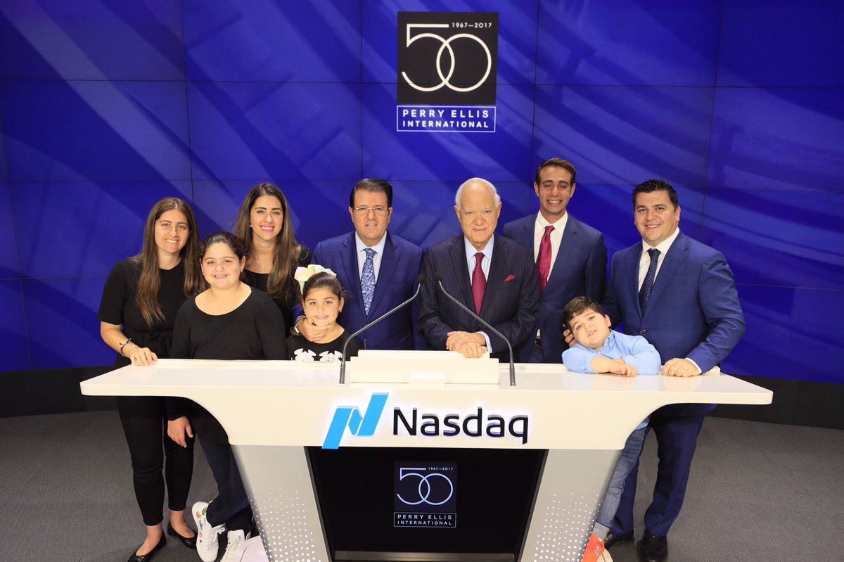 NasdaqExchange's tweet photo. .@PerryEllis rings the @Nasdaq Closing Bell in celebration of their 50th anniversary! 🛎🎉🎊🎂@PonceCarlos1 @IAmJustise @PEICorp https://t.co/XO0YCmqtW1