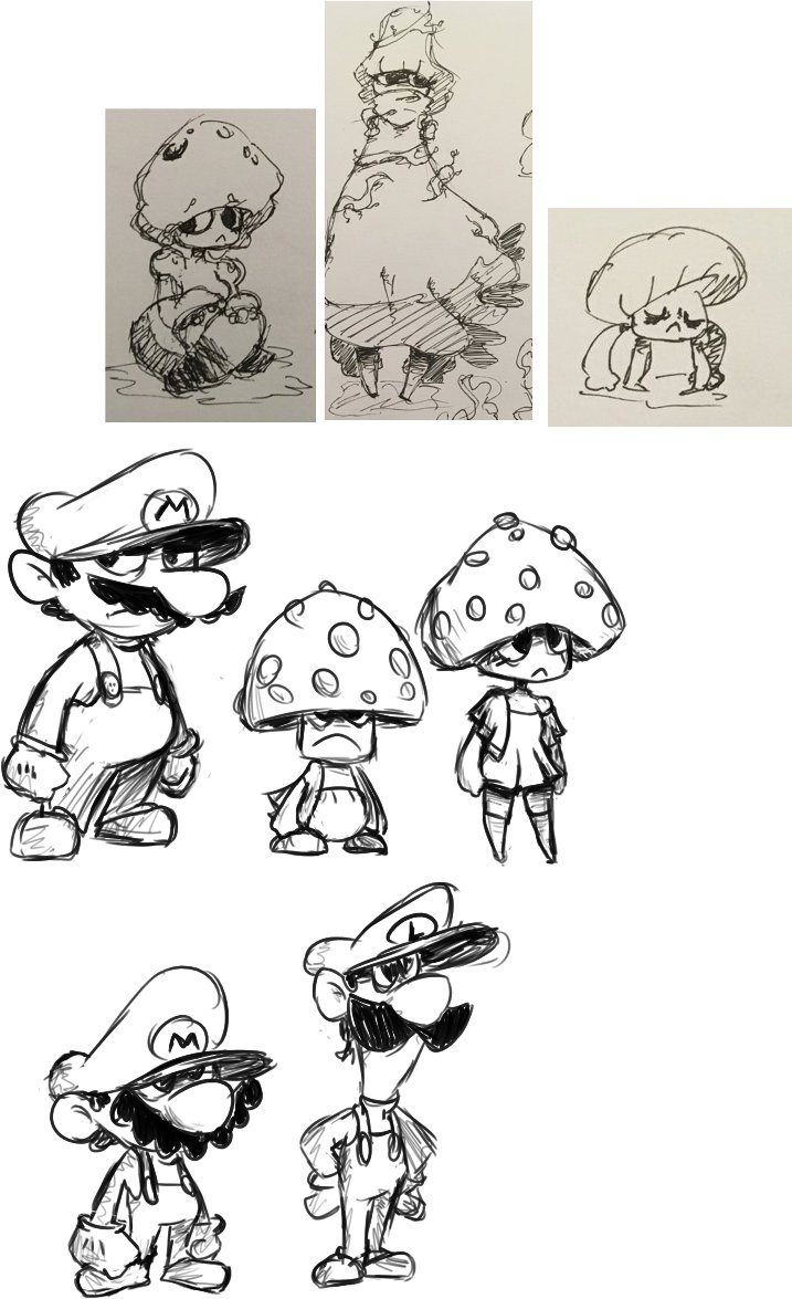 thought the idea of @Snarfermans mushroom people (top) being in the mario universe was cool so i drew the bros and toads in a similar style 