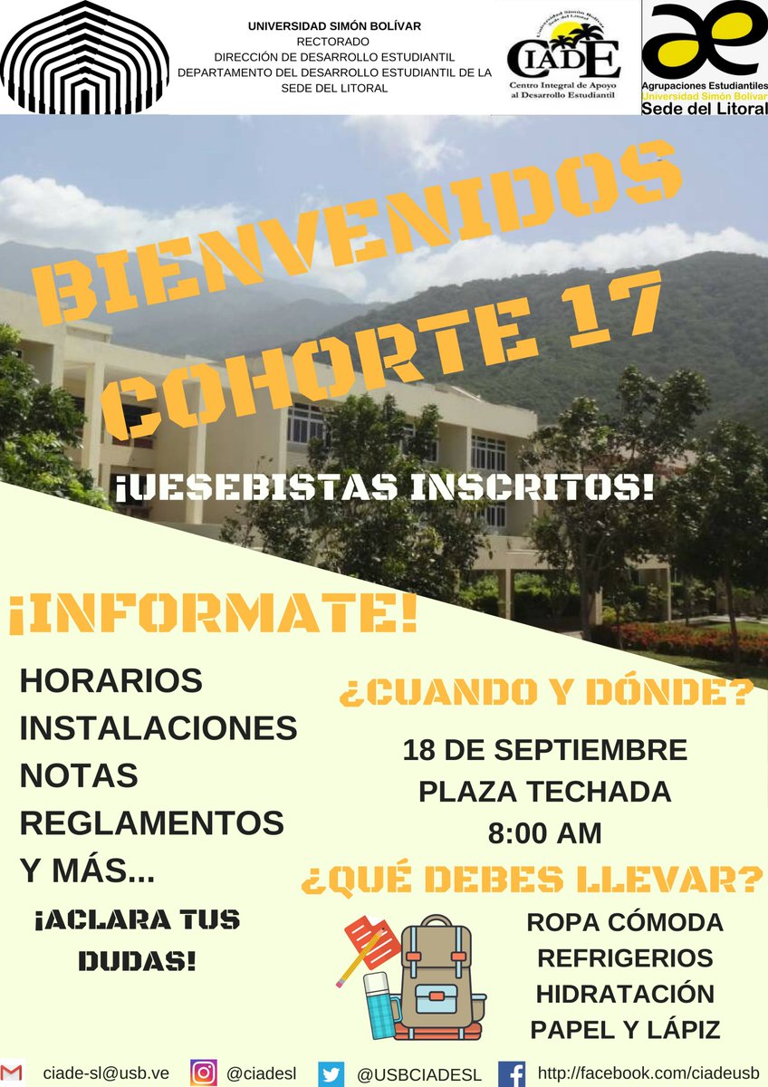 USBCIADESL's tweet photo. El lunes 18 de Septiembre los esperamos en la Sede del Litoral.! #Cohorte2017USB https://t.co/kt5ewbcFY9