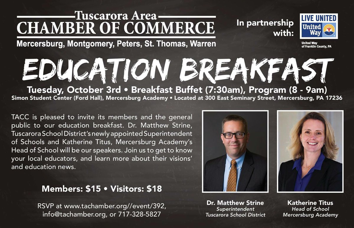 Excited for our Education Breakfast with @mgstrine from <a href="/TuscaroraSD/">TuscaroraSD</a> &amp; Katie Titus from <a href="/Mercersburg/">Mercersburg Academy</a>. Thanks to <a href="/UWFCPA/">United Way of Franklin County</a> for sponsoring.