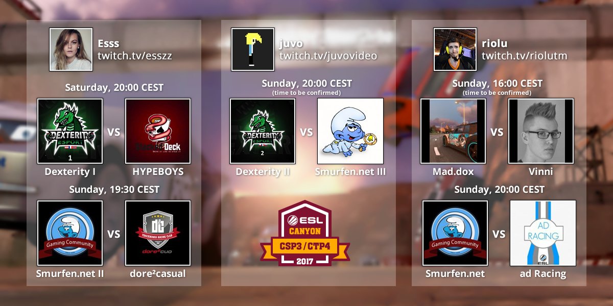 Don't forget to tune in at 20:00 CEST - Dexterity I vs HYPEBOYS (<a href="/ESL/">ESL</a> <a href="/Trackmania/">Trackmania</a> Canyon Team Premiership)! LIVE on esl.gg/2hBPZLP