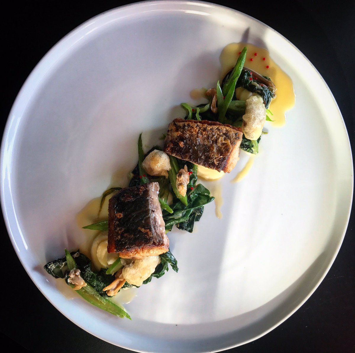 Due to cancellations we have a couple of tables left for tonight.
Stone bass, rainbow chard, pomme purée, beurre blanc and caviar.