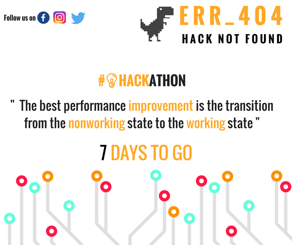 Err404Hackathon's tweet photo. A week to go.......
#aimhssce #Err_404 #HackNotFound #CodeForGood #CodeEatSleepRepeat https://t.co/412WqLz5zs