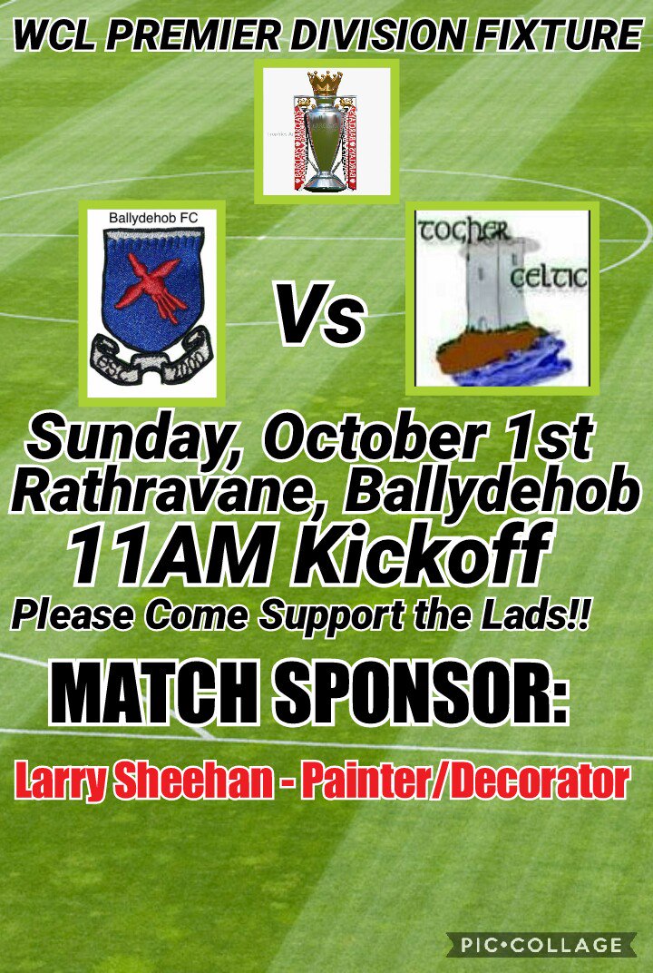Ballydehob FC (@ballydehobfc) on Twitter photo <a href="/BALLYDEHOBFC/">Ballydehob FC</a> vs <a href="/Togherceltic/">Togher Celtic</a>
Lads looking to keep 100% record intact.
Kindly sponsored by Larry Sheehan.
See you there! <a href="/BALLYDEHOBFC/">Ballydehob FC</a> vs <a href="/Togherceltic/">Togher Celtic</a>
Lads looking to keep 100% record intact.
Kindly sponsored by Larry Sheehan.
See you there!