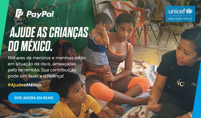 brasilserv's tweet photo. 25% das vendas feitas pela https://t.co/PJl8EOCBQX serão destinadas as vítimas do terremoto no México!

Obrigado @PayPal_BR e @unicefbrasil https://t.co/raodBdTr3r