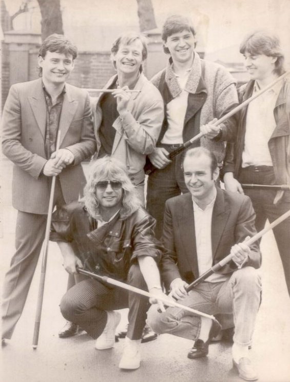 Good heavens, what a photo. Jimmy White, Alex Higgins, Tony Knowles and Kirk Stevens, with Status Quo's Rick Parfitt and Francis Rossi.