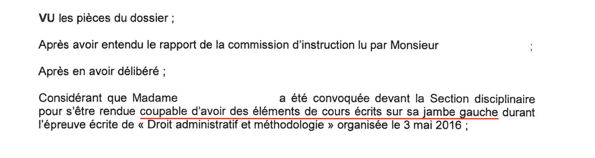 Antylexx's tweet photo. Dans la catégorie "perles de tricheries" : "coupable d'avoir des éléments de cours écrits sur sa jambes gauches" #DroitAdmin https://t.co/HzMogbfAQa